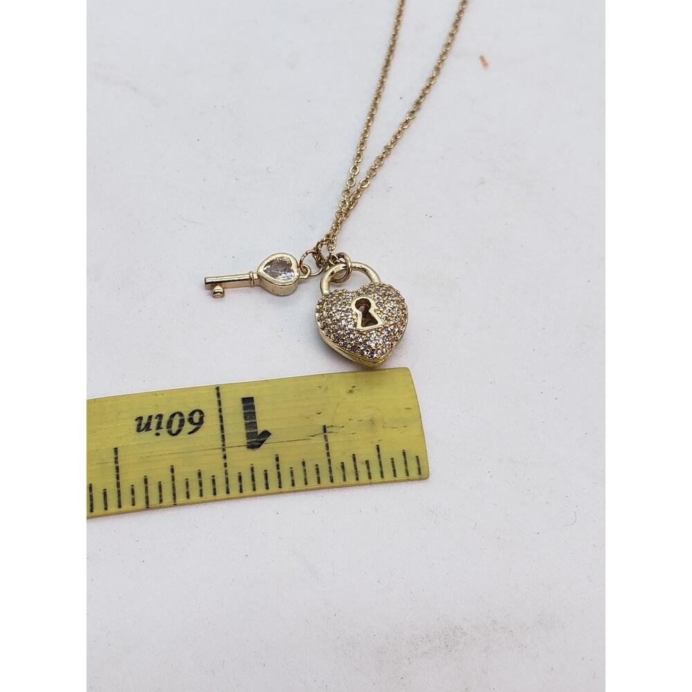 14k Gold Plated Heart Lock & Key Pendant Necklace Rhinestones Love Charm Gift - Picture 5 of 10